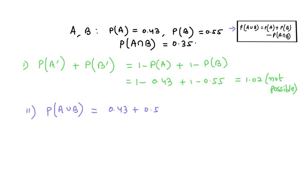 SOLVED: 6. If P(A) = 0.43, P(B) = 0.55, and P(A âˆ© B) = 0.35, find the ...