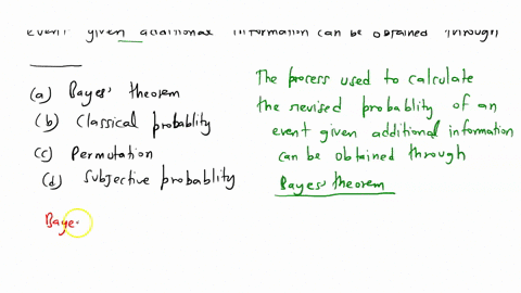 the-process-used-to-calculate-the-revised-probability-of-an-event-given-additional-information-can-be-obtained-through-_________-multiple-choice-bayes-theorem-classical-probability-permutati-70394