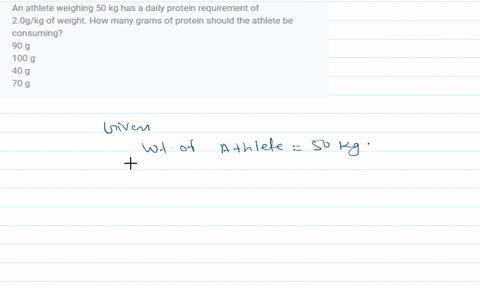 an-athlete-weighing-50-kg-has-a-daily-protein-requirement-of-20gkg-of-weight-how-many-grams-of-protein-should-the-athlete-be-consuming-90-g-100-g-40-g-70-g-16315