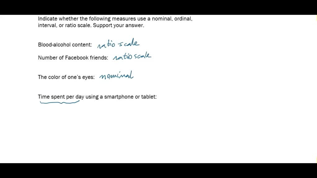 SOLVED Indicate whether the following measures use a nominal, ordinal