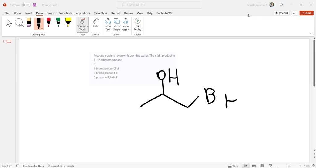 Propene gas is shaken with bromine water. The main product is A. 1,2dibromopropane B. 1