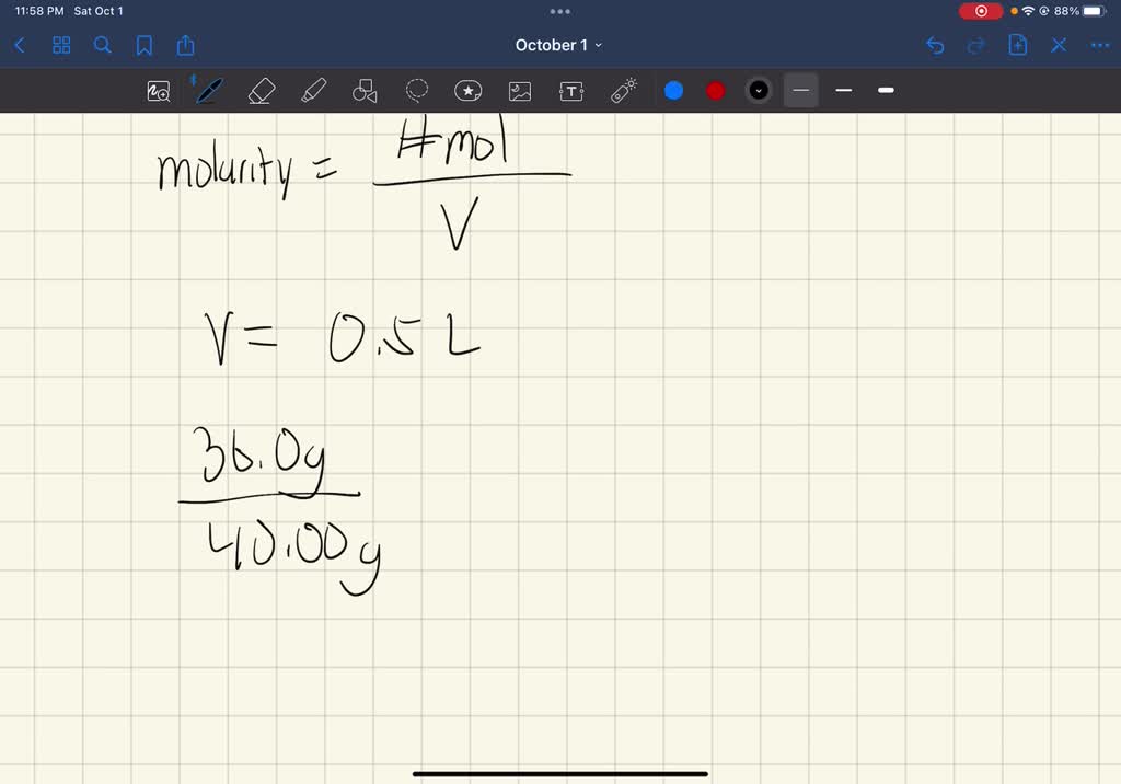 If 36.0 g of NaOH (MM = 40.00 g/mol) are added to a 500.0 mL volumetric