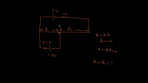 the-wire-of-the-potentiometer-has-resistance-4-ohms-and-length-1-m-it-is-connected-to-a-cell-of-emf-2-volts-and-internal-resistance-1-ohm-if-a-cell-of-emf-12-volts-is-balanced-by-it-the-bala-71321