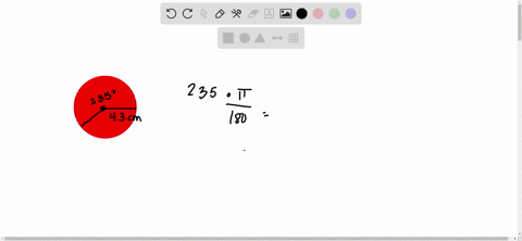 a-circle-with-a-radius-of-43-cm-is-centered-at-the-vertex-of-an-angle-a-suppose-the-angle-has-a-measure-of-235-degrees-i-what-is-the-radian-measure-of-this-angle-radians-preview-i-what-is-th-96753