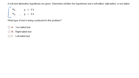 anull-and-alternative-hypothesis-are-given-determine-whether-the-hypothesis-test-is-left-tailed-rght-tailed-two-tailed-ho-ha-06-06-what-type-of-test-is-being-conducted-in-this-problem-0a-two-52225