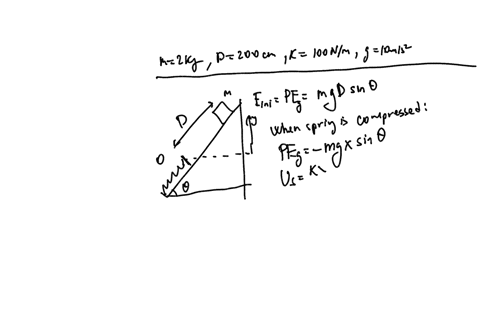 calculate-the-maximum-displacement-x-that-the-spring-is-compressed-if-the-mass-m-2-kg-is-released-from-rest-on-the-inclined-plane-as-shown-and-then-slides-distance-d-before-coming-into-conta-04245