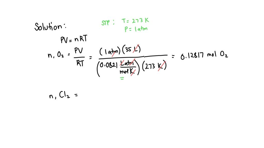 How many liters of chlorine gas at STP will react with 35 L of oxygen