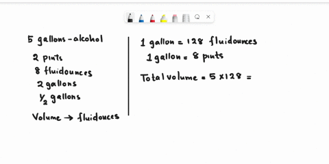 a-pharmacist-purchased-5-gallons-of-alcohol-at-different-times-2-pints-2-gallons-8-fluidounces-and-one-half-gallons-were-used-by-the-pharmacist-what-volume-in-fuildounces-remained-64377