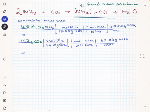urea-nh22co-is-prepared-by-reacting-ammonia-with-carbon-dioxide-in-one-process-6372-g-of-nh3-are-treated-with-1142-g-of-co2-which-of-the-reactant-is-limiting-reagent-calculate-the-mass-of-nh-69025