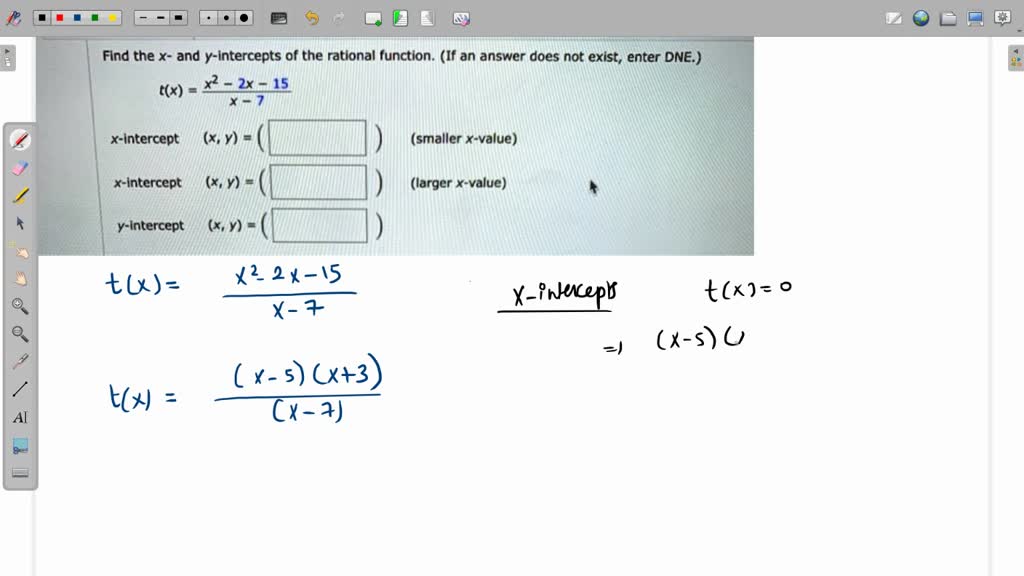 Solved Find The X And Y Intercepts Of The Rational Function If An Answer Does Not Exist Enter Dne X2 2x 8 T X X 9 X Intercept X Y X Smaller