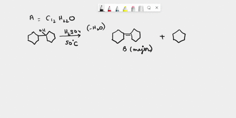 compound-a-c12h22o-undergoes-reaction-with-dilute-h2so4-at-50c-to-yield-a-mixture-of-two-alkenes-b-and-c-c12h20-the-major-alkene-product-b-gives-only-cyclohexanone-after-ozone-treatment-foll-75063