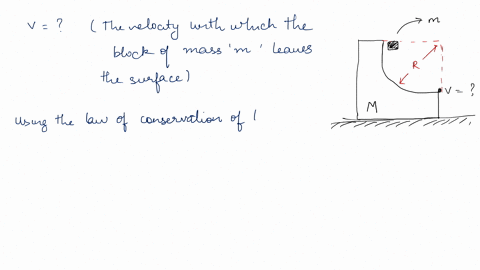 a-small-block-mass-m_-slides-down-the-inner-curved-surface-of-a-larger-block-mass-m-which-has-circular-path-cut-into-the-block-as-shown-in-the-figure_-the-large-block-rests-on-3-table_-both-44091