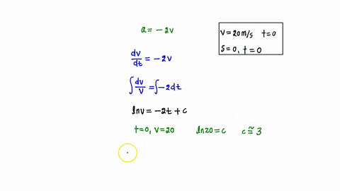 a-particle-is-moving-along-a-straight-line-such-that-its-acceleration-is-defined-as-a-2v-ms2-where-v-is-in-meters-per-second-if-v-20-ms-when-s-0-and-t-0-determine-the-particles-position-velo-89863