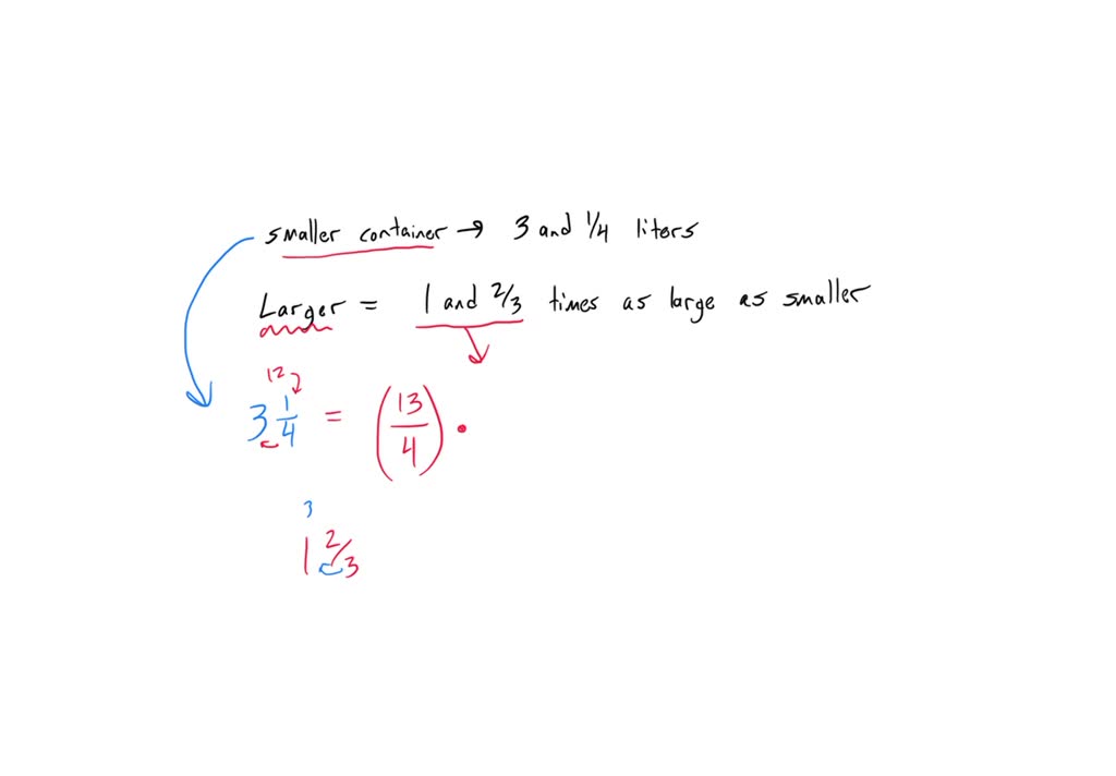 Capacity Liters A container has a capacity of 3 liters. It contains 1 3/4 liters of ...