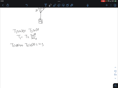 a-230-kg-lamp-suspended-from-the-ceiling-by-means-of-2-strings-the-strings-are-at-20-degrees-and-38-degrees-respectively-trom-the-vertical-find-the-tension-in-each-string-include-free-body-d-95357