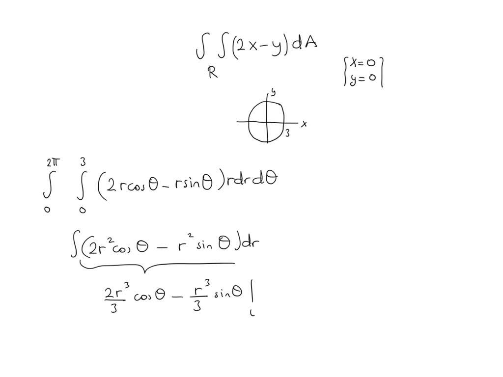 SOLVED: Evaluate the double integral âˆ¬R(2xâˆ’y)dA, where R is the ...