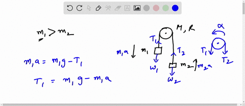 10-points-consider-a-massless-string-draped-over-a-pulley-with-masses-m-and-m2-hanging-down-fron-each-end-where-m-m2-assume-that-the-pulley-is-a-disk-of-mass-m-and-radius-and-the-friction-be-54795