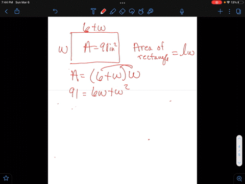 the-length-of-a-rectangle-is-6-inches-longer-than-it-is-wide-if-the-area-is-91-square-inches-what-are-the-dimensions-of-the-rectangle-the-width-or-shorter-side-is-inches-the-length-or-longer-76356
