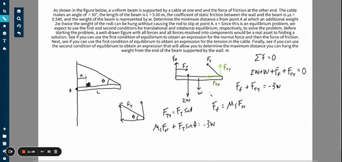 as-shown-in-the-figure-below-a-uniform-beam-is-supported-by-a-cable-at-one-end-and-the-force-of-friction-at-the-other-end-the-cable-makes-an-angle-of-30-the-length-of-the-beam-is-l-500-m-the-44777
