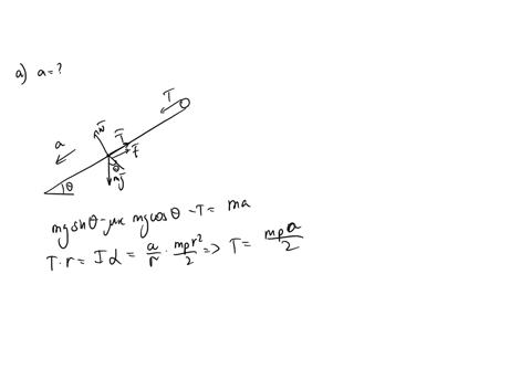 a-block-of-mass-m-slides-down-rough-surface-inclined-by-an-angle-q-the-coefficient-of-kinetic-friction-is-string-30-with-the-horizontal-around-wheel-on-fixed-axis-at-0-attached-to-the-block-86564