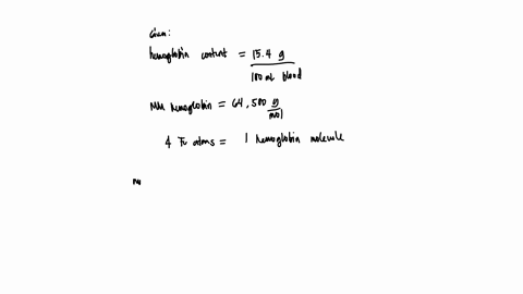 the-hemoglobin-content-of-blood-is-about-154-g100ml-blood-the-molar-mass-of-hemoglobin-is-about-64500-gmol-and-there-are-four-iron-fe-atoms-in-a-hemoglobin-molecule-you-may-want-to-reference-06633