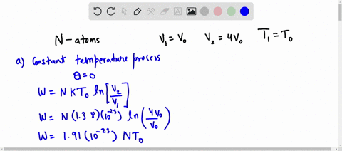 a-monoatomic-ideal-gas-with-n-atoms-initially-at-temperature-t_0-expands-from-volume-v_0-to-4v_0-at-a-constant-temperature-and-b-constant-pressure-calculate-the-work-expansion-and-the-heat-a-77154