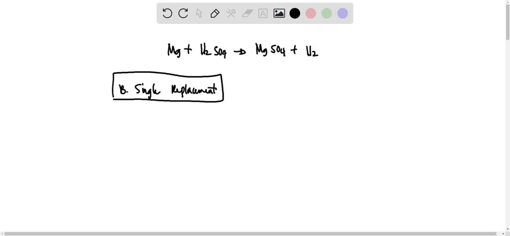 SOLVED: Classify the chemical reaction shown here: Mg + H2SO4 → MgSO4 ...