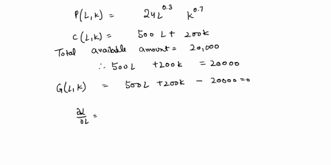 question-3-suppose-cobb-douglas-production-function-is-given-by-the-function-pl-k-24l03-k07-furthemore-the-cost-function-for-a-facility-is-given-by-the-functioncl-k-500l-200k-suppose-the-mon-86977