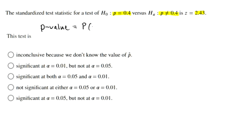 the-standardized-test-statistic-for-test-of-ho-p-04-versus-ha-p-04-is-z-243_-this-test-is-inconclusive-because-we-don-know-the-value-of-p-significant-at-a-001_-but-not-at-005_-significant-at-62362