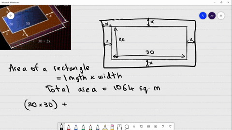 a-pool-measuring-20-meters-by-30-meters-is-surrounded-by-path-of-uniform-width-as-shown-in-the-figure-if-the-area-of-the-pool-and-the-path-combined-is-1064-square-meters-what-the-width-of-th-36434