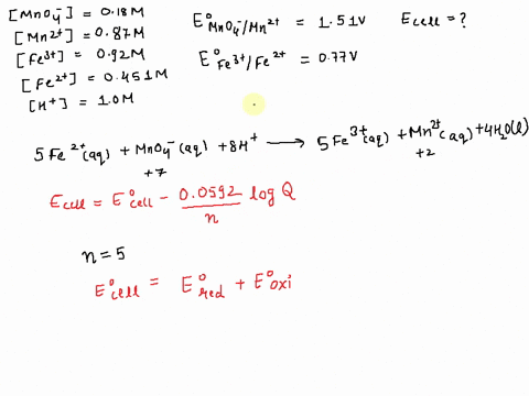 given-the-following-standard-reduction-potentials-mno4-aq-8haq-5-e-mn2aq-4-h2ol-e-151-v-fe3-aq-e-fe2-aq-e-077-v-what-is-the-cell-potential-e-for-the-following-reaction-under-the-non-standard-80824