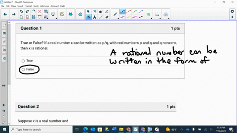 question-1-pts-true-or-false-if-a-real-number-x-can-be-written-as-pq-with-real-numbers-and-and-nonzero-then-x-is-rational-true-false-question-2-pts-suppose-x-is-real-number-and-for-some-real-62645