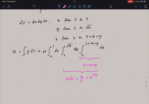 find-the-mass-and-the-center-of-mass-of-the-solid-e-with-the-given-density-function-xyz-e-lies-under-the-plane-z-3-x-y-and-above-the-region-in-the-xy-plane-bounded-by-the-curves-yx-y0-and-x1-13067