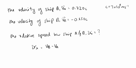 a-spaceship-a-at-rest-in-inertial-frame-a-of-proper-length-800m-is-moving-in-the-direction-ata-speed-0720c-as-measured-in-the-earth-frame-another-spaceship-b-at-rest-in-inertial-frame-b-is-m-39905