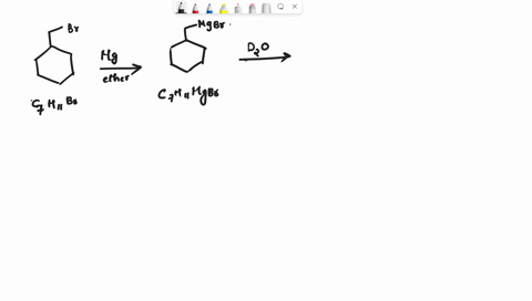 compound-a-c7h11br-is-treated-with-magnesium-in-ether-to-give-b-c7h11mgbr-which-reacts-violently-with-d2o-togive-1-methylcyclohexene-with-a-deuterium-atom-on-the-methyl-group-c-reaction-of-b-01747