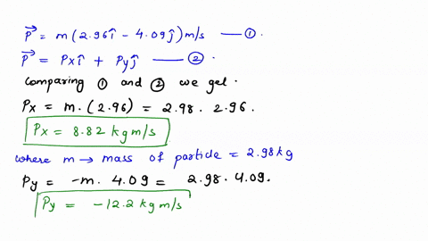 a-298-kg-particle-has-a-velocity-of-296-409-j-ms-a-find-its-x-and-y-components-of-momentum-px-kg-ms-py-kg-ms-b-find-the-magnitude-and-direction-of-its-momentum-kgms-clockwise-from-the-x-axis-65786