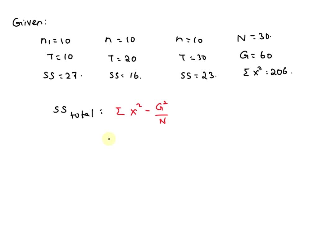 SOLVED: Calculate SStotal, SSbetween, and SSwithin for the following ...