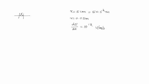 a-parellel-plate-capacitor-has-circular-plates-each-of-radius-5cm-it-is-being-charged-so-that-electric-field-in-the-gap-between-its-plates-rises-steadily-at-the-rate-of-1012-vms-what-is-the-displaceme