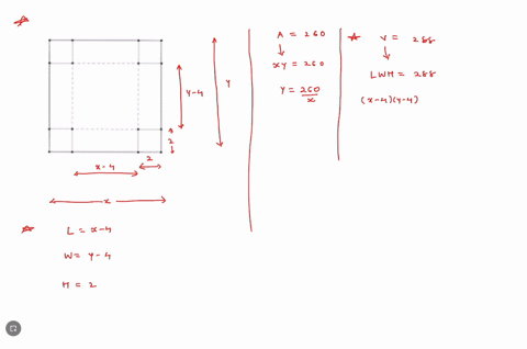 a-rectangular-piece-of-cardboard-whose-area-is-260-square-centimeters-is-made-into-an-open-box-by-cutting-a-2-centimeter-square-from-each-corner-and-turning-up-the-sides-if-the-box-is-to-hav-88486