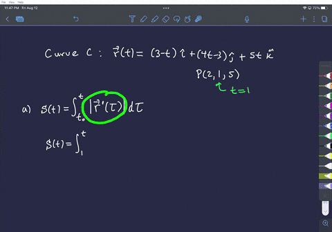 find-the-arc-length-function-for-the-curve-measured-from-the-point-p-in-the-direction-of-increasing-t-and-then-reparametrize-the-curve-with-respect-to-arc-length-stating-from-p-and-find-the-01457
