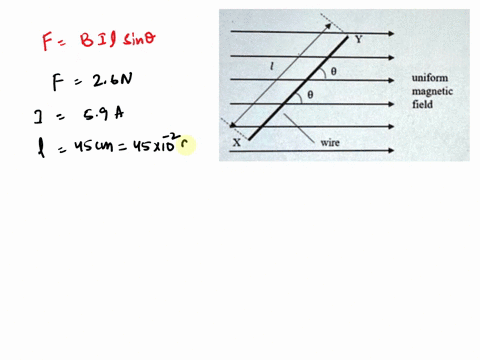 a-straight-wire-of-length-l-450-cm-in-placed-in-uniform-magnetic-field-in-the-configuration-shown-in-the-diagram-below-the-angle-between-the-wire-and-the-magnetic-field-lines-is-0-225-if-a-f-97268