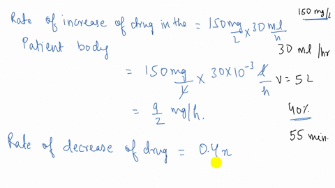 a-150-mg-per-l-solution-of-drug-is-adminsitered-intravenously-at-a-rate-of-30-ml-per-hr-to-a-patient-with-constant-blood-volume-equal-to-5-l-the-drug-is-metabolized-by-the-patient-at-a-rate-41316