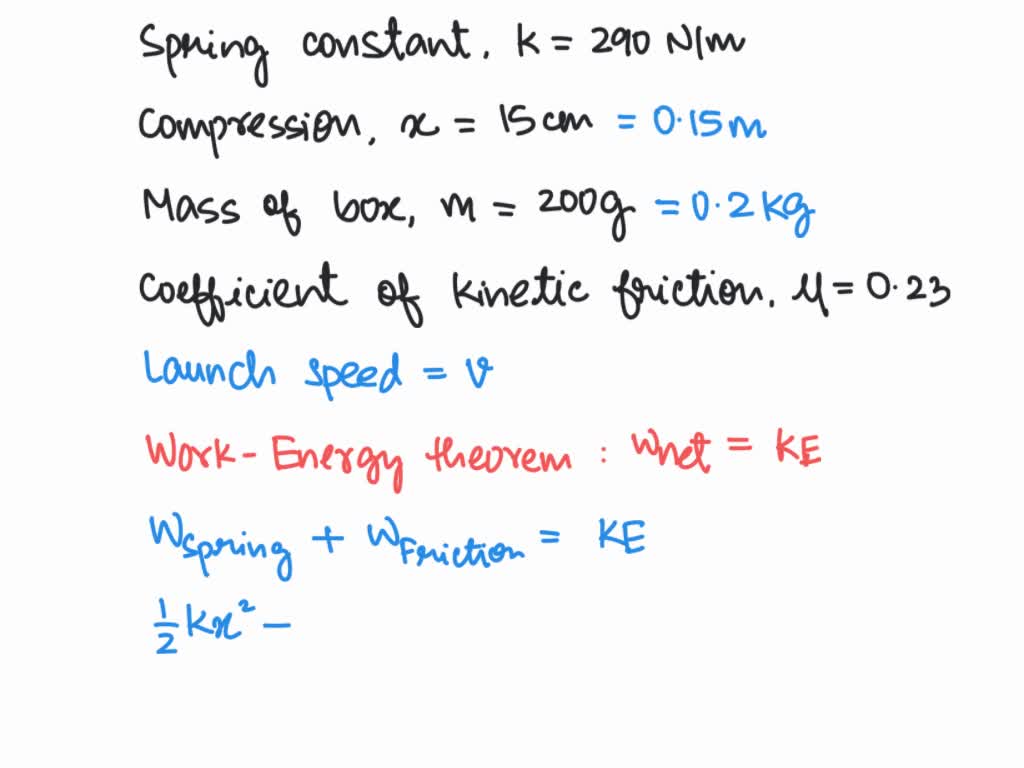 A horizontal spring with spring constant 290 N/m is compressed by 15 cm ...