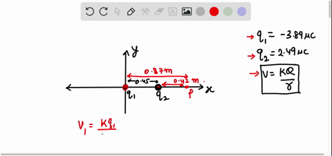 two-point-charges-lie-on-the-x-axis-charge-q1-389-c-charge-is-at-the-origin-and-charge-q2-249-c-is-at-x-045-m-find-the-electric-potential-at-the-point-x-0870-m-how-much-work-is-required-to-b-13058