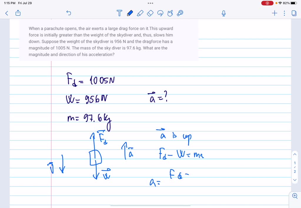 SOLVED: When a parachute opens, the air exerts a large drag force on it ...