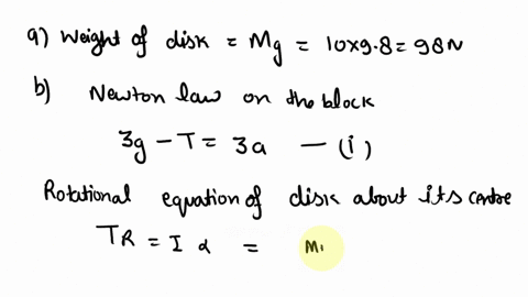 100-kg-disk-with-rotational-inertia-given-by-mr22-is-free-rotate-on-fixed-horizontal-axis-suspended-from-the-ceiling-string-wrapped-around-the-disk-and-30-kg-mass-hangs-from-the-free-end-wha-53335