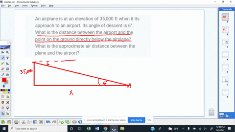 an-airplane-is-at-an-elevation-of-35000-ft-when-it-its-approach-to-an-airport-its-angle-of-descent-is-6-what-is-the-distance-between-the-airport-and-the-point-on-the-ground-directly-below-th-00204