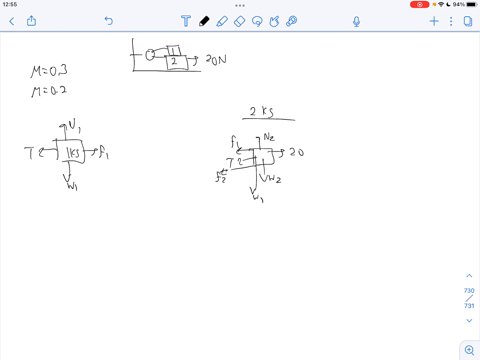 a-2-kg-block-is-pulled-on-by-rope-with-tension-force-of-20-n-the-oefficient-of-kinetic-friction-between-the-lower-block-and-the-surface-is-03-the-coefficient-of-kinetic-friction-between-the-01838