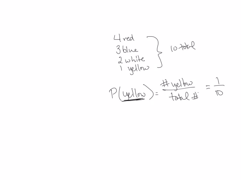 A bag of 10 colored marbles 4 yellow, 3 pink, 2 purple, and 1 red. One