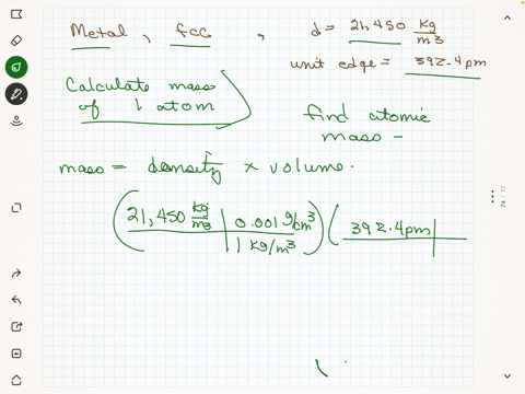 a-metal-crystallizes-in-the-facecentered-cubic-fcc-lattice-the-density-of-the-metal-is-21450-kgm3-and-the-length-of-a-unit-cell-edge-a-is-3924-pm-calculate-the-mass-of-one-metal-atom-38937